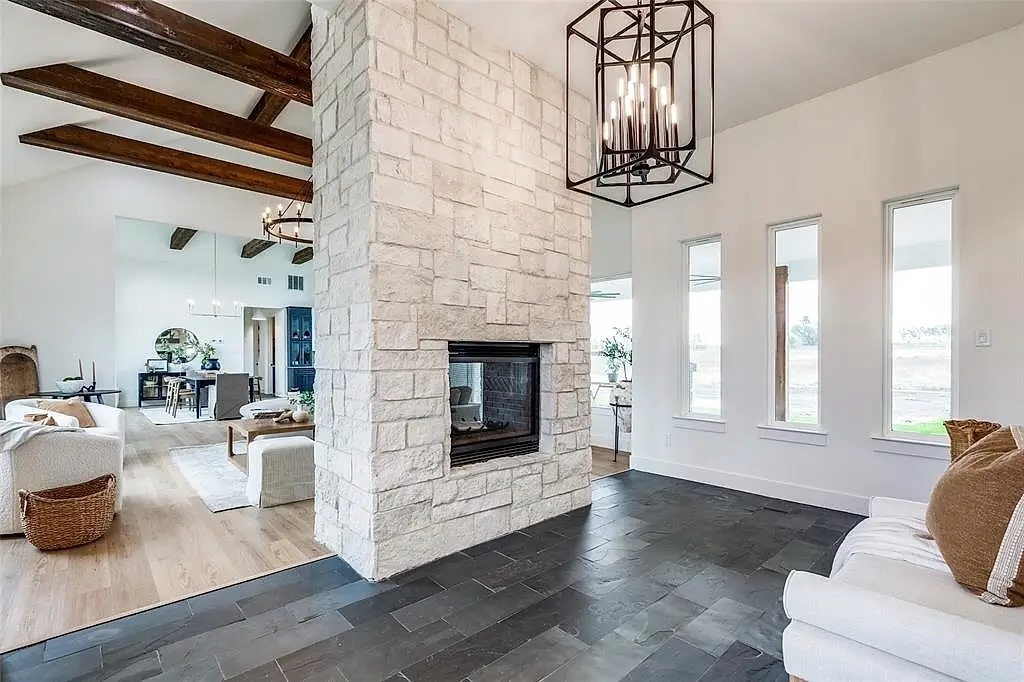 The Morgan two-sided stone fireplace