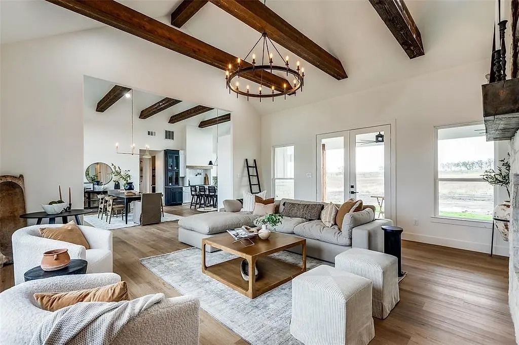 The Morgan living room with stone fireplace